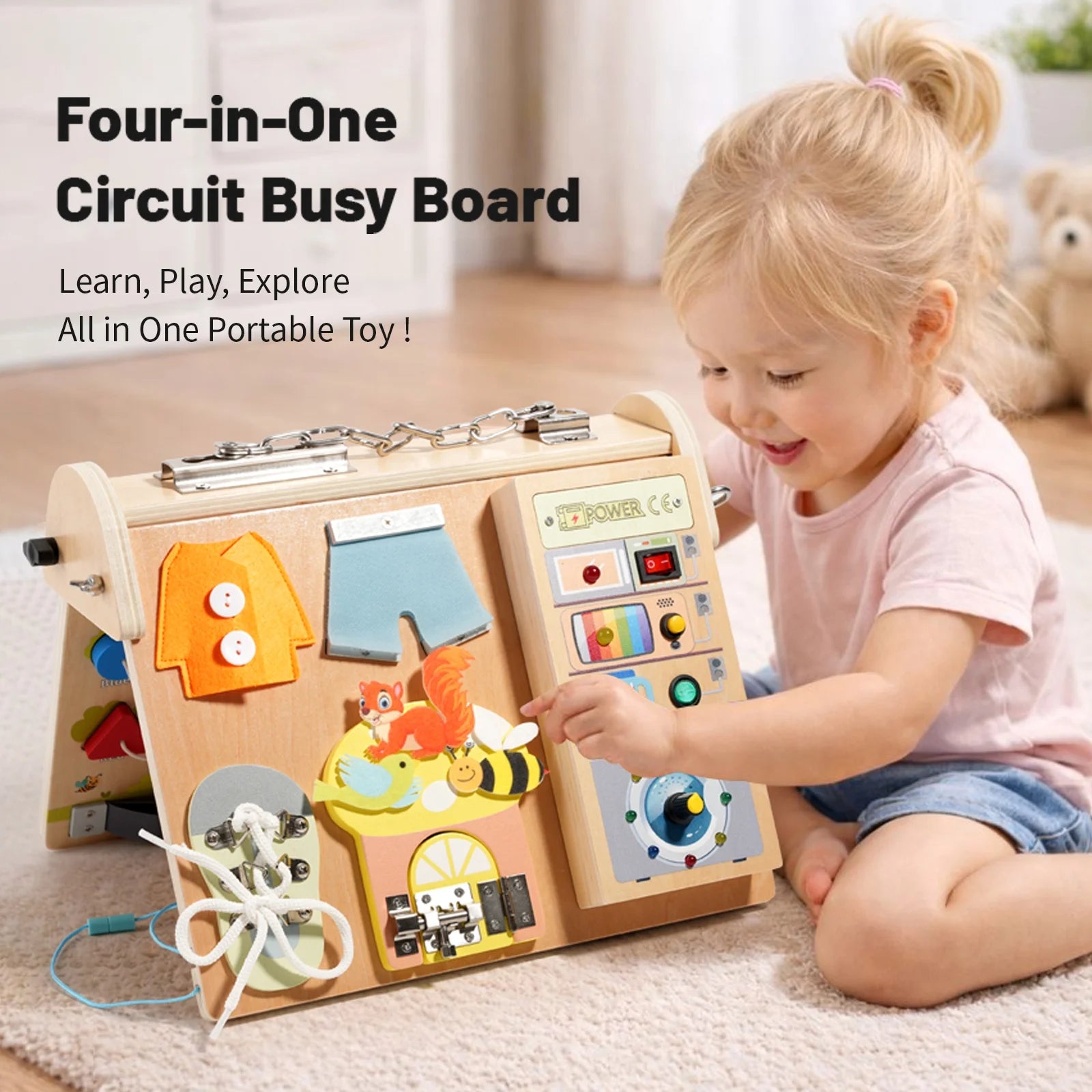 Wooden 4-in-1 Circuit Busy Board | Oliver Montessori Toys