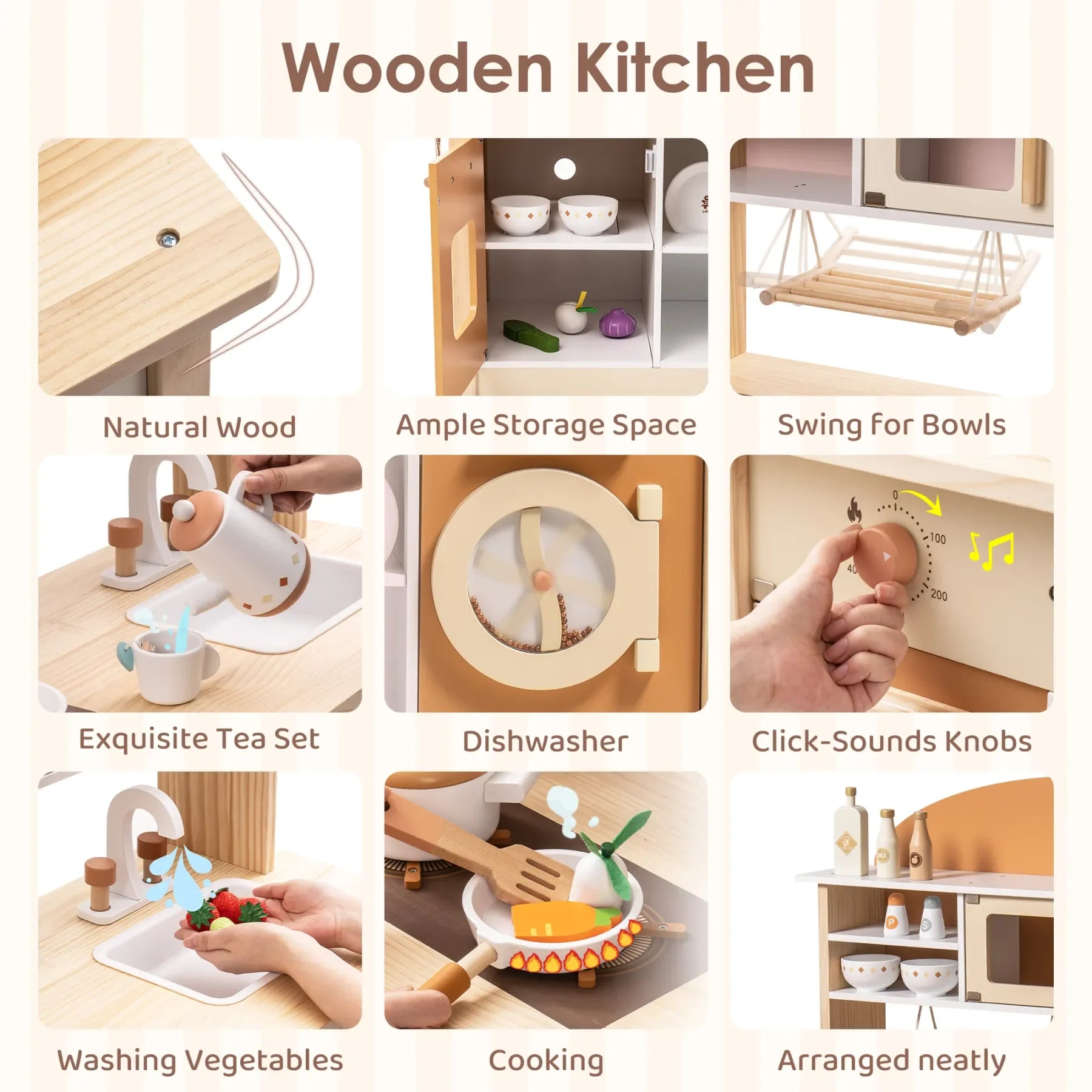 Wooden kitchen playset with various features and activities.