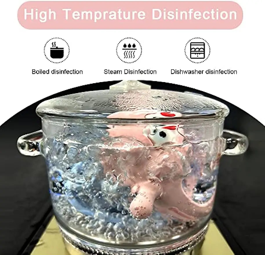 Glass container with a pink octopus toy being disinfected by boiling, steam, and dishwasher methods.
