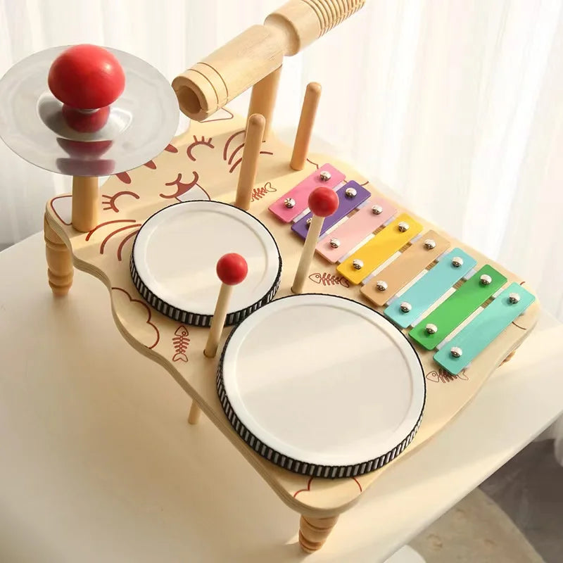 Kids Montessori Wooden Multi-Functional Drum Music Station