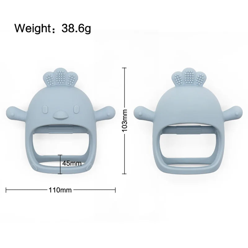 Blue baby teether with measurements and weight on a white background
