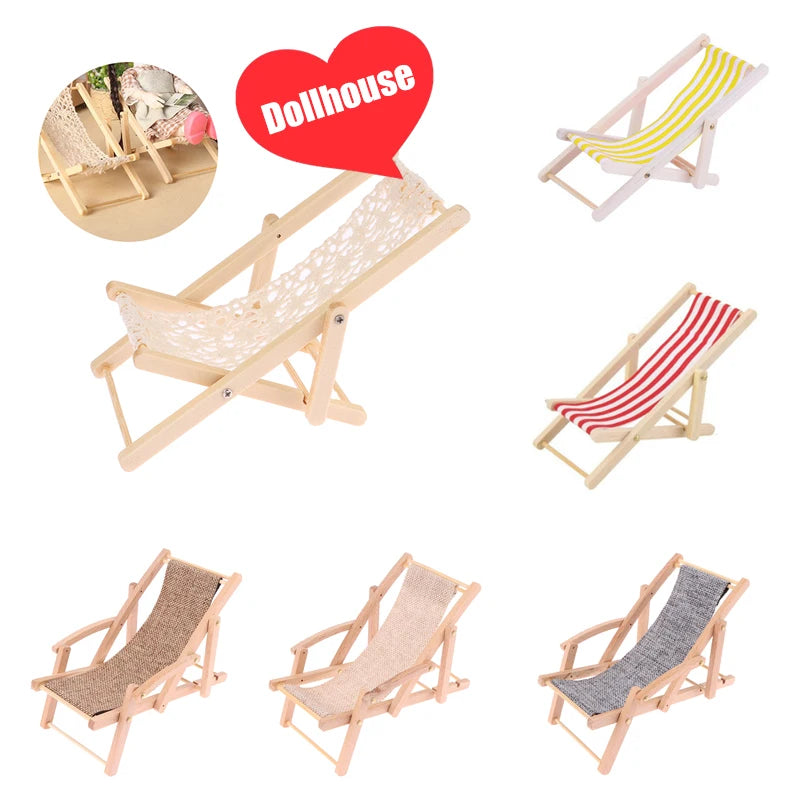 Set of miniature deck chairs with different seat fabrics on a white background, featuring the 'Dollhouse' brand.
