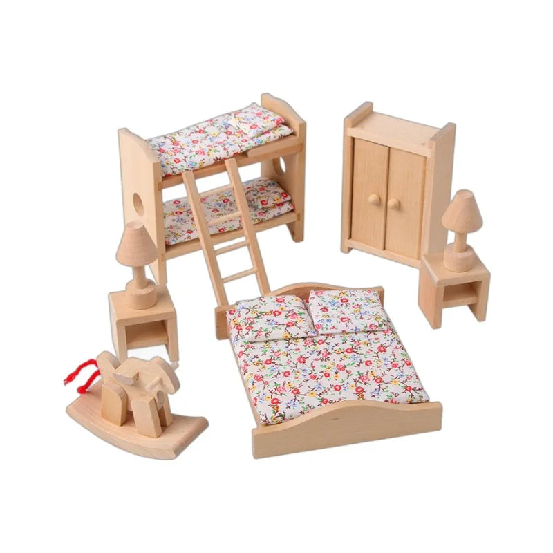 Wooden dollhouse furniture set with beds and cabinets on a white background
