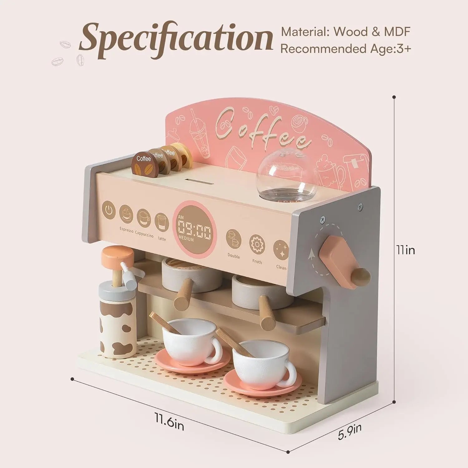 Wooden coffee machine toy with cups and measurement details on a light background