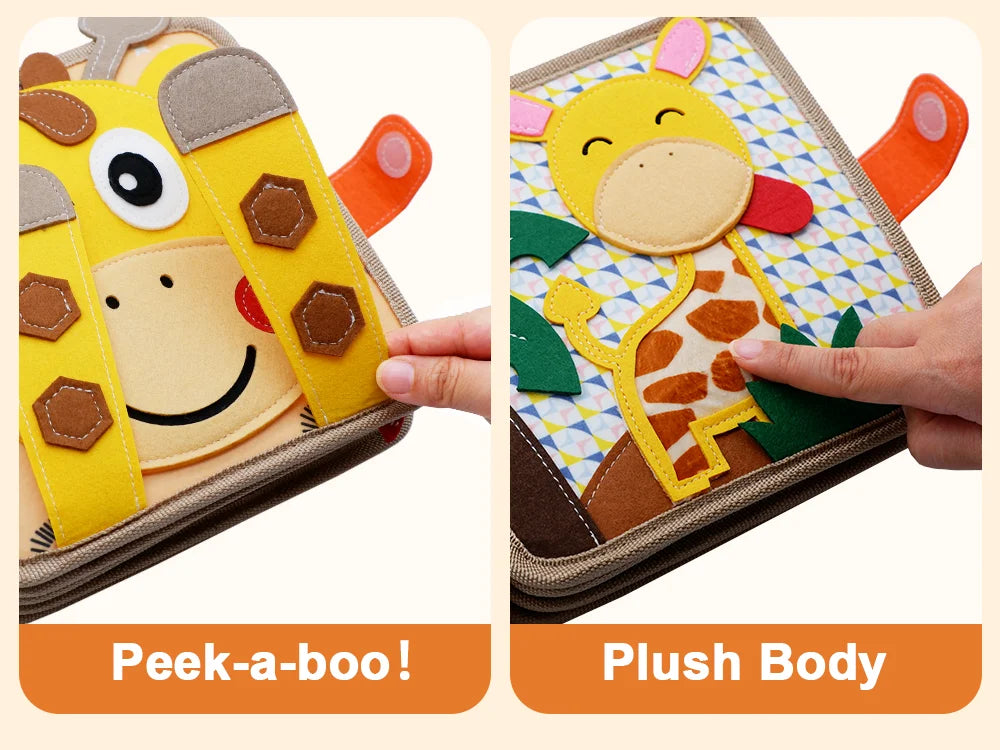 Two views of a children's book with a giraffe design, one showing 'Peek-a-boo!' and the other 'Plush Body'.