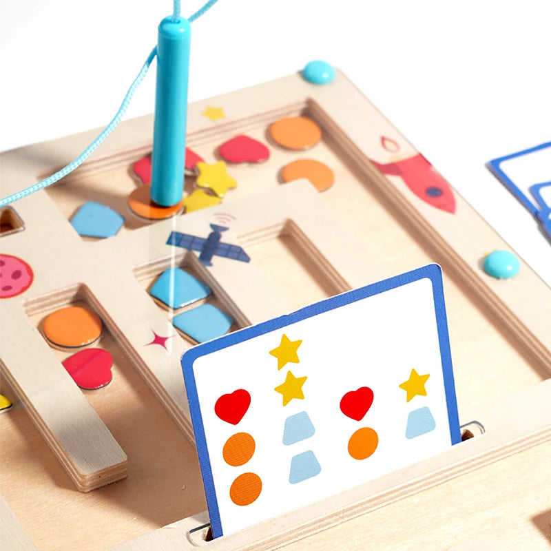 Wooden shape sorting toy with colorful shapes and matching card on a white background Shape Maze – Magnetic Sorting Board | Oliver Montessori Toys