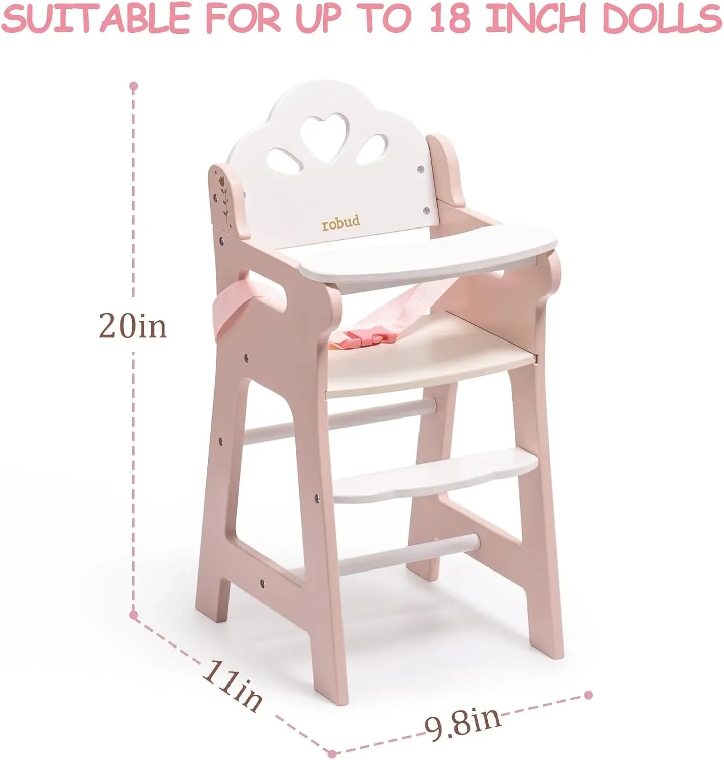Doll high chair with measurements on a white background