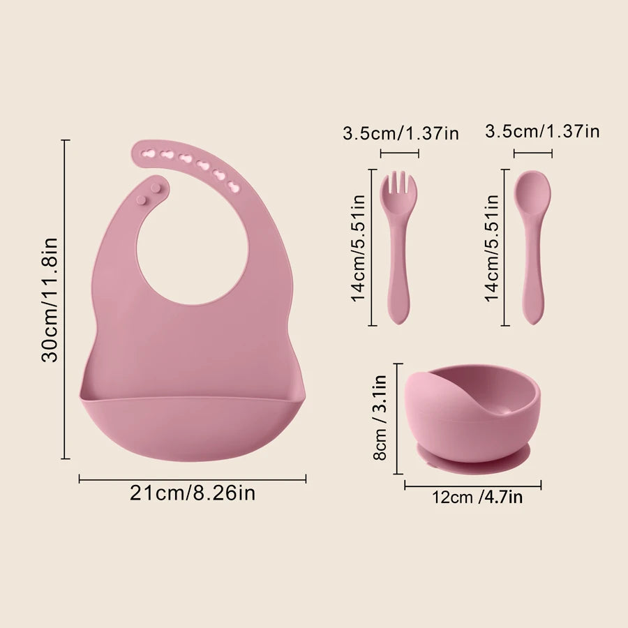 Bib 30 x 21cm, bowl 12cm, spoon and fork 14cm