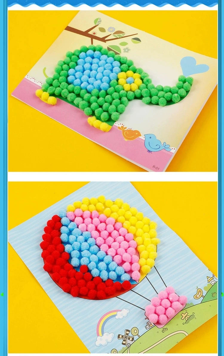 Two children's craft projects on colorful paper with decorative elements.