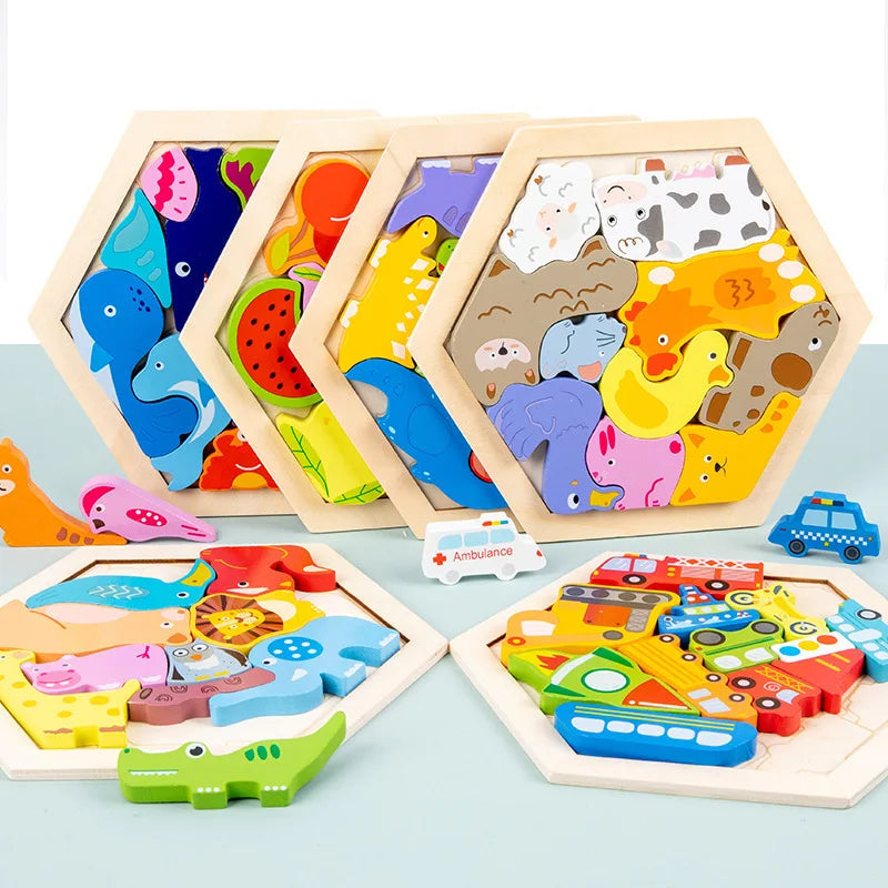 Cartoon Wooden Puzzle Block Toy featuring vibrant wooden pieces with animal themes, designed for engaging and educational play, promoting developmental skills in young children.