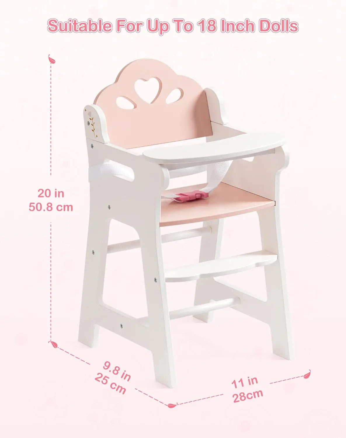 Doll high chair with pink cushion and heart-shaped backrest, suitable for up to 18 inch dolls, on a white background.