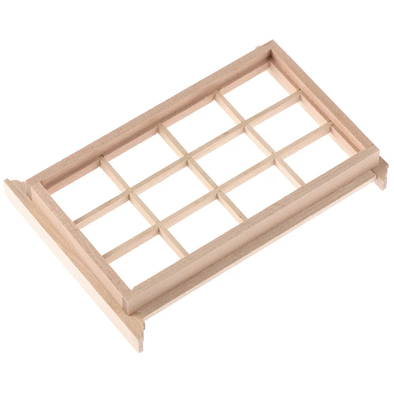 Wooden display tray with grid compartments on a white background