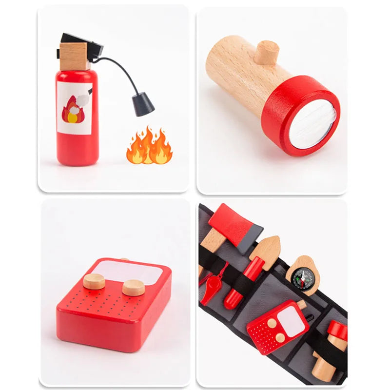 Set of wooden toy fire extinguishers and tools on a white background