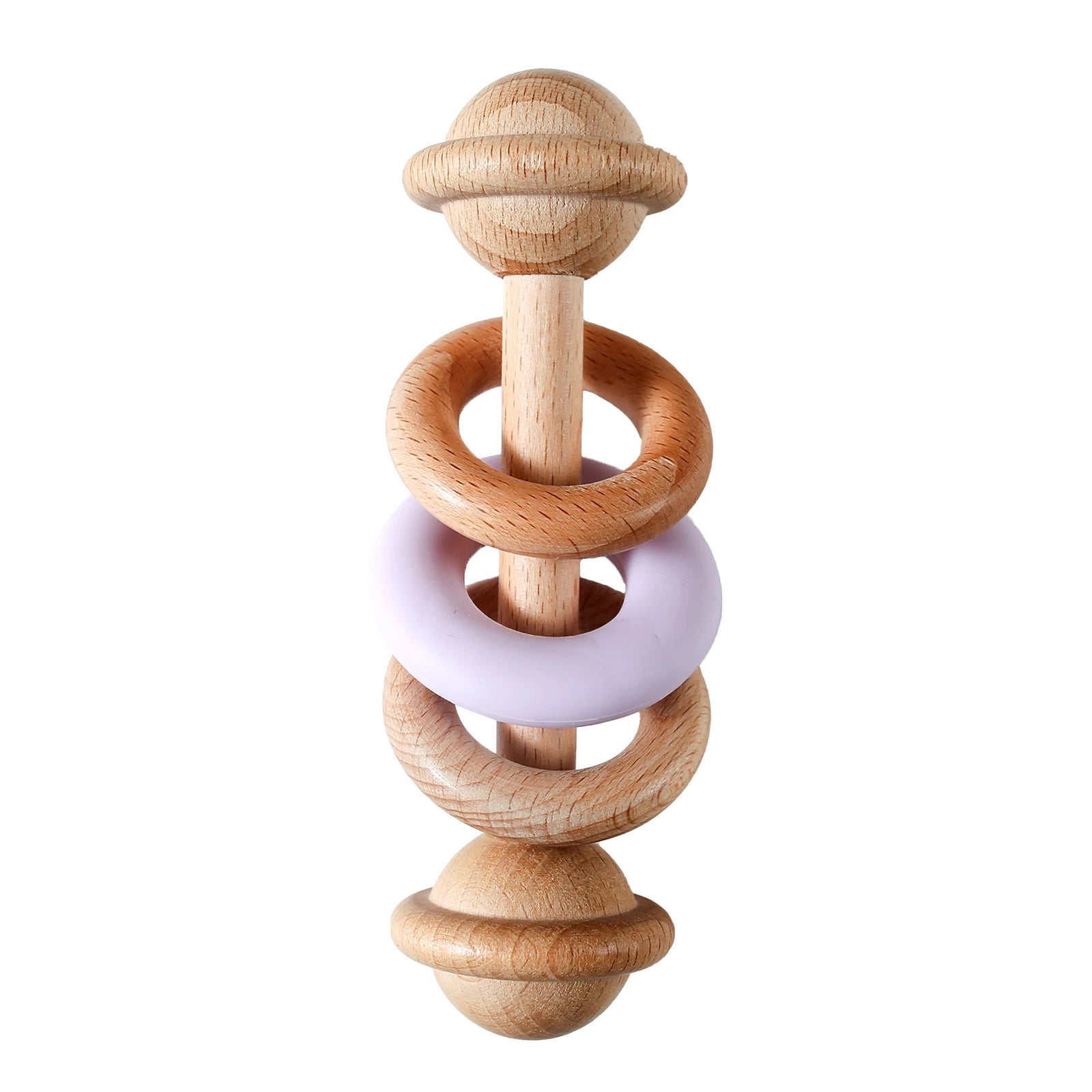 Wooden Baby Rattles with Silicone Rings featuring wooden structure and pliable silicone rings, designed for sensory exploration and motor skill development in infants.