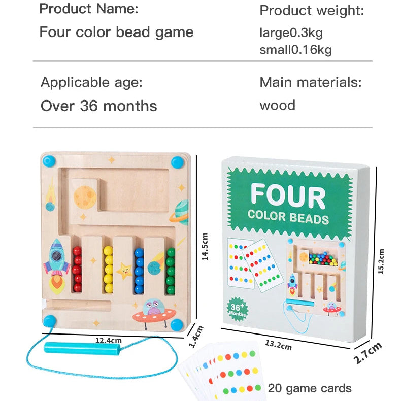 Wooden four color bead game with product parameters on a white background