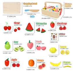 Educational wooden magnetic cutting playset with fruits, vegetables, and desserts. Comes in a wooden box for organized storage.