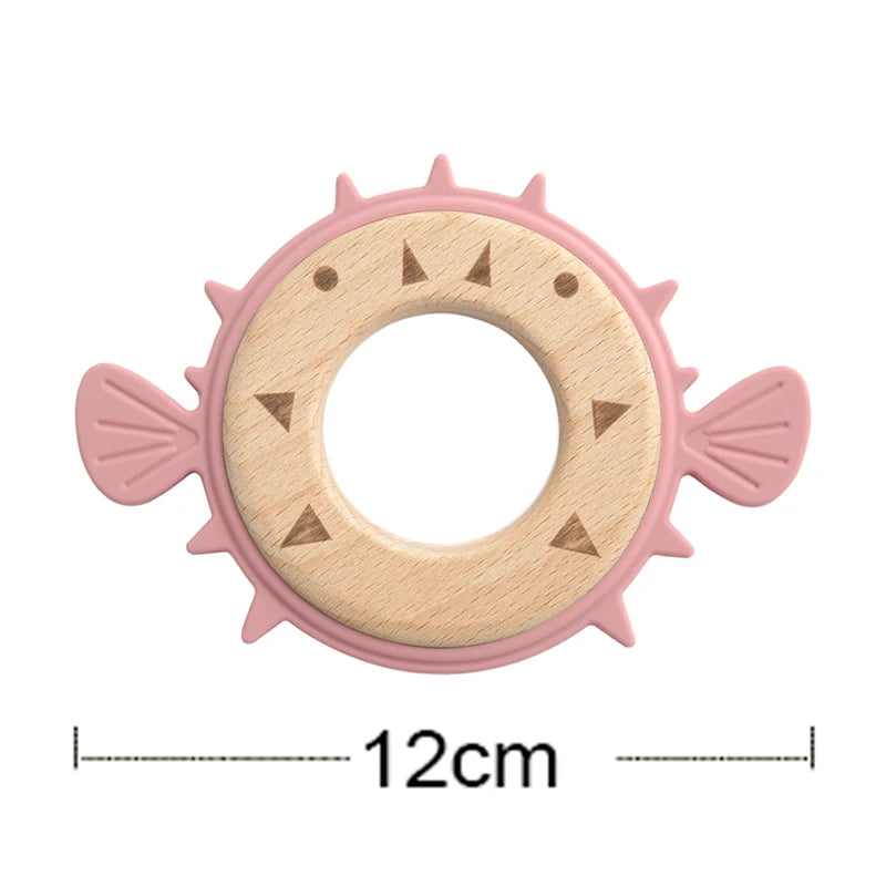 Pufferfish teether with wooden ring, 12cm wide