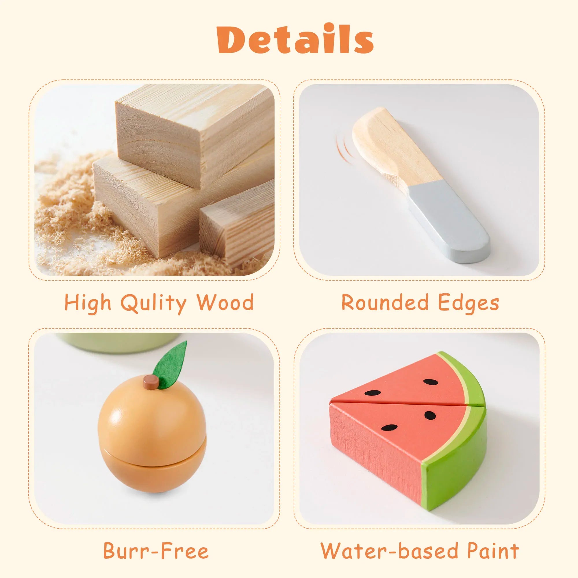 Wooden blocks with rounded edges, high-quality wood, water-based paint, and no burrs on a beige background.