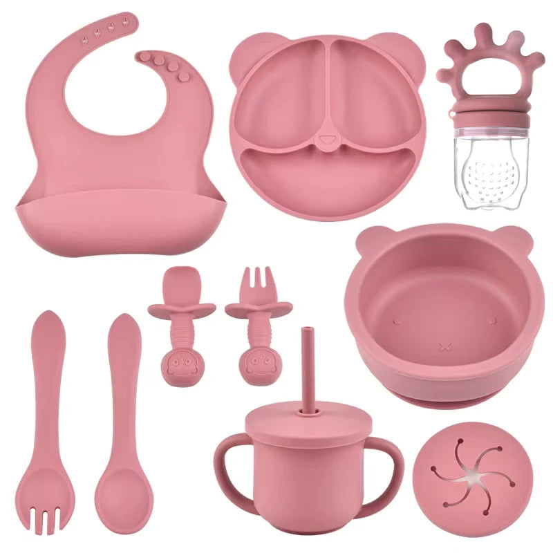 Dusty rose 10-piece bear silicone feeding set