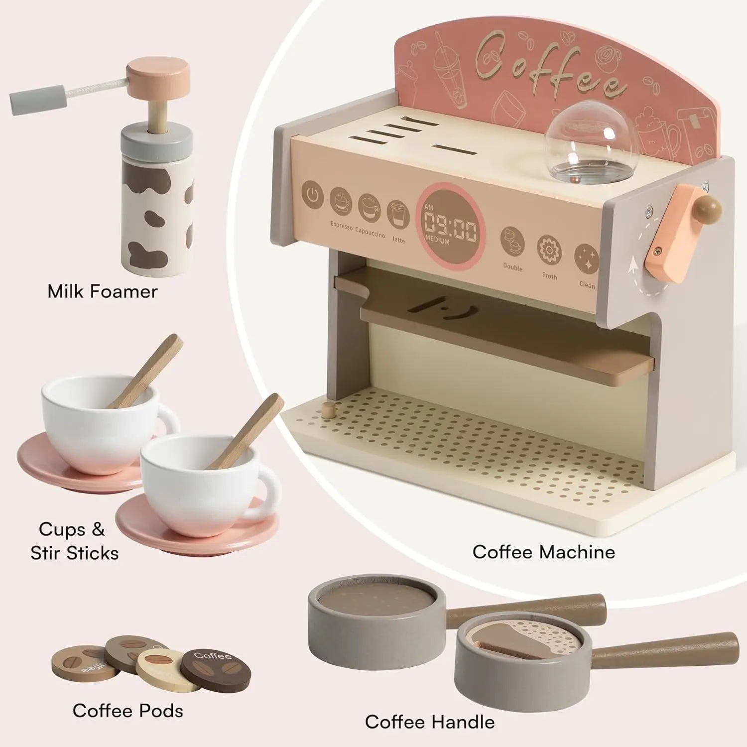 Wooden toy coffee set with machine, cups, and accessories on a pink background