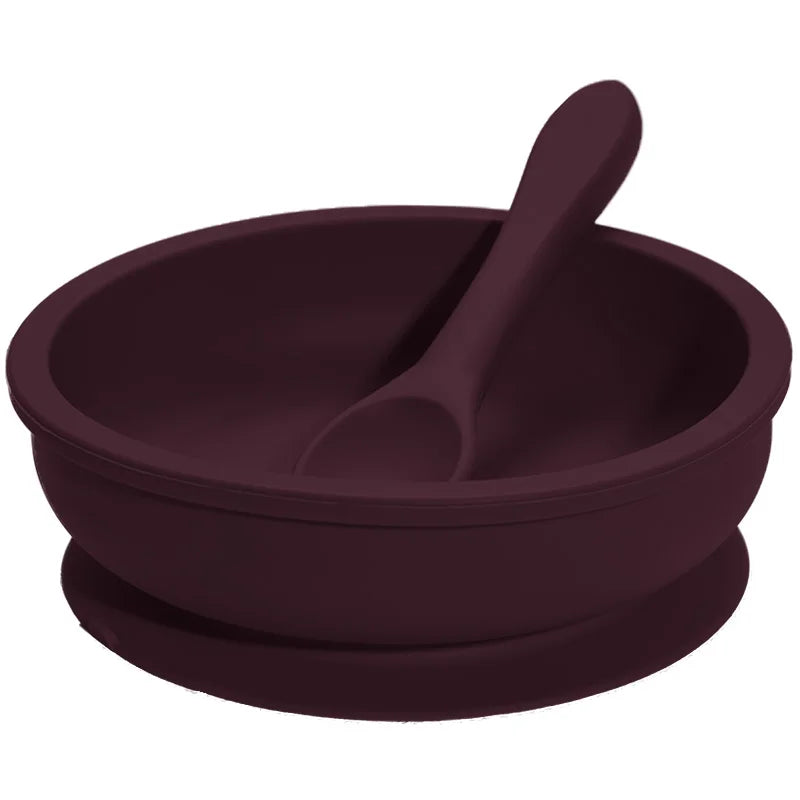 Plum wide silicone suction bowl and spoon