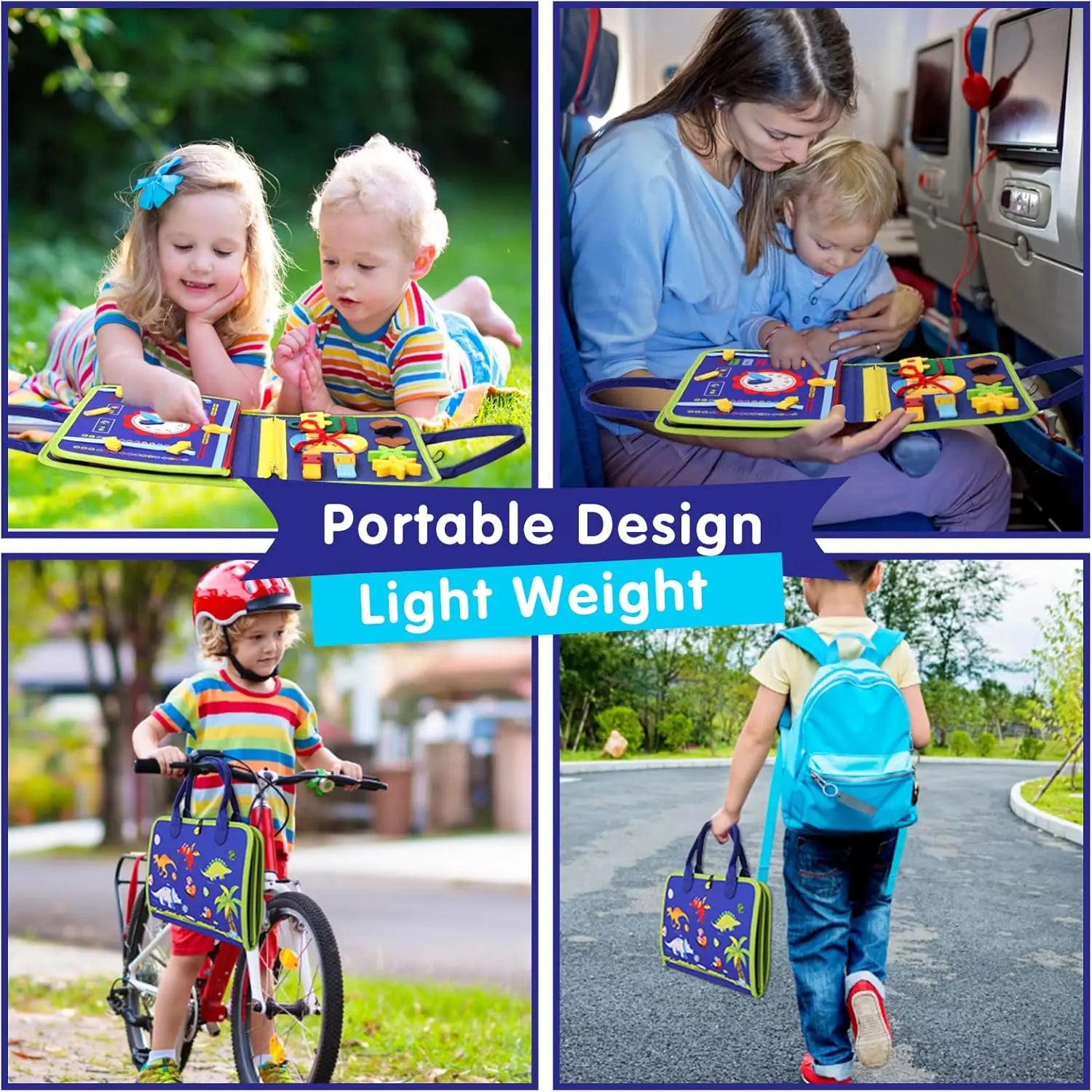 Collage of children using a colorful book with various activities, including a child on a bike and a child walking with a backpack.