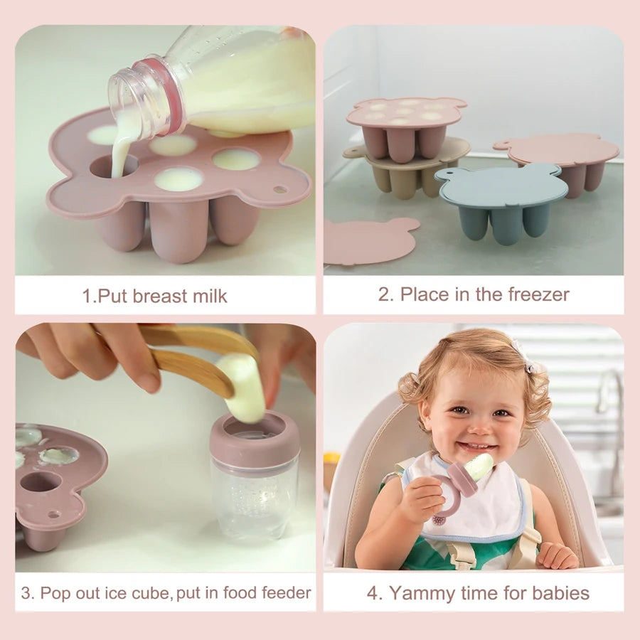 Steps: pour breast milk, freeze, pop out and place in the feeder