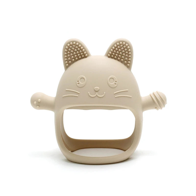 Cat-shaped baby teether on a white background