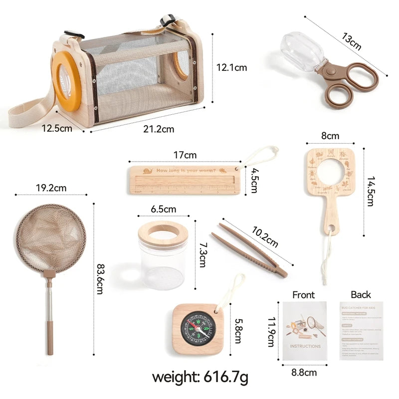 Collection of outdoor exploration tools with measurements on a white background