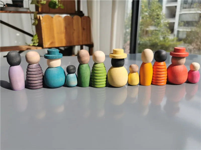 Handmade Rainbow Peg Dolls | Wooden Family Set of 12