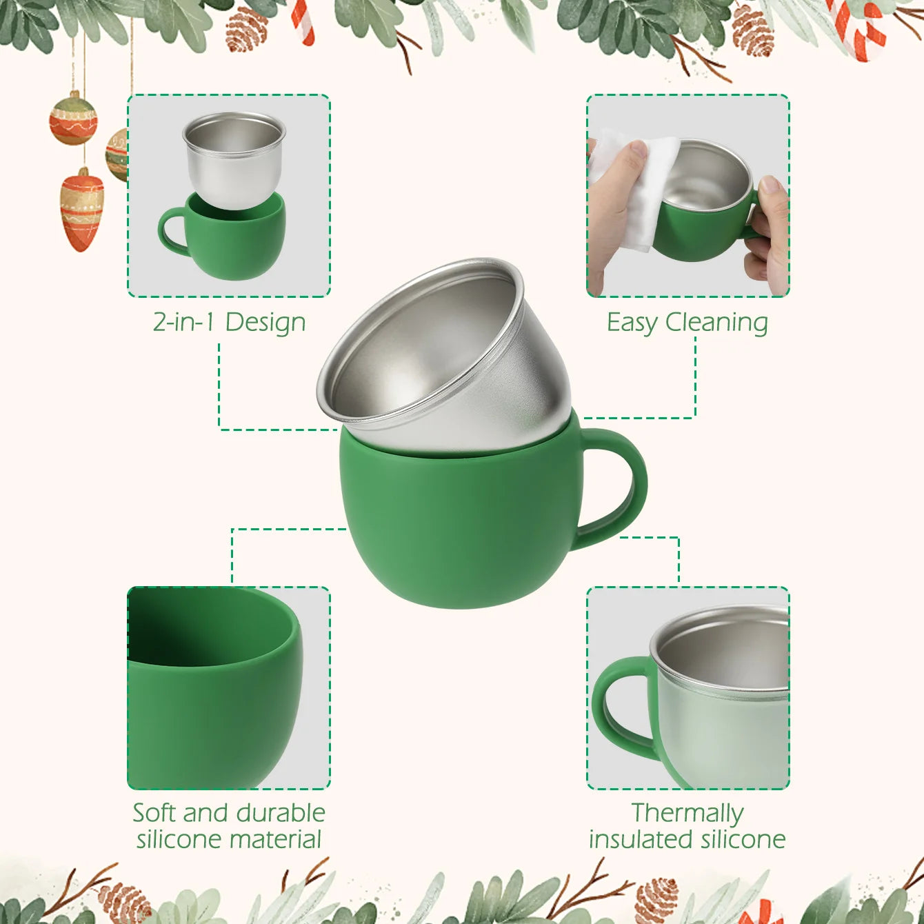 Mug features: removable stainless steel inner cup, easy cleaning and soft silicone