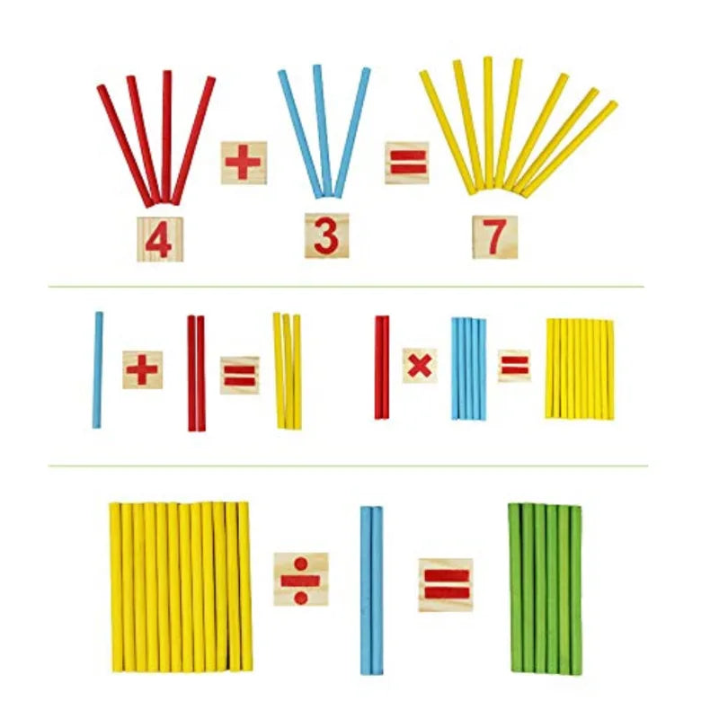Colorful mathematical symbols and numbers made from sticks on a white background