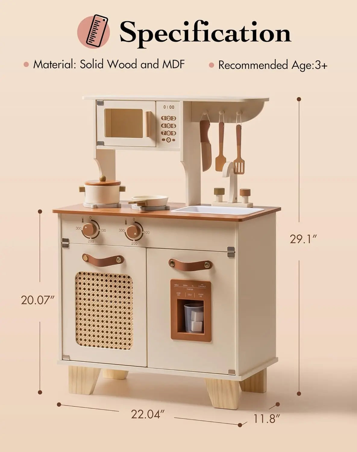 Wooden play kitchen set with measurements on a beige background