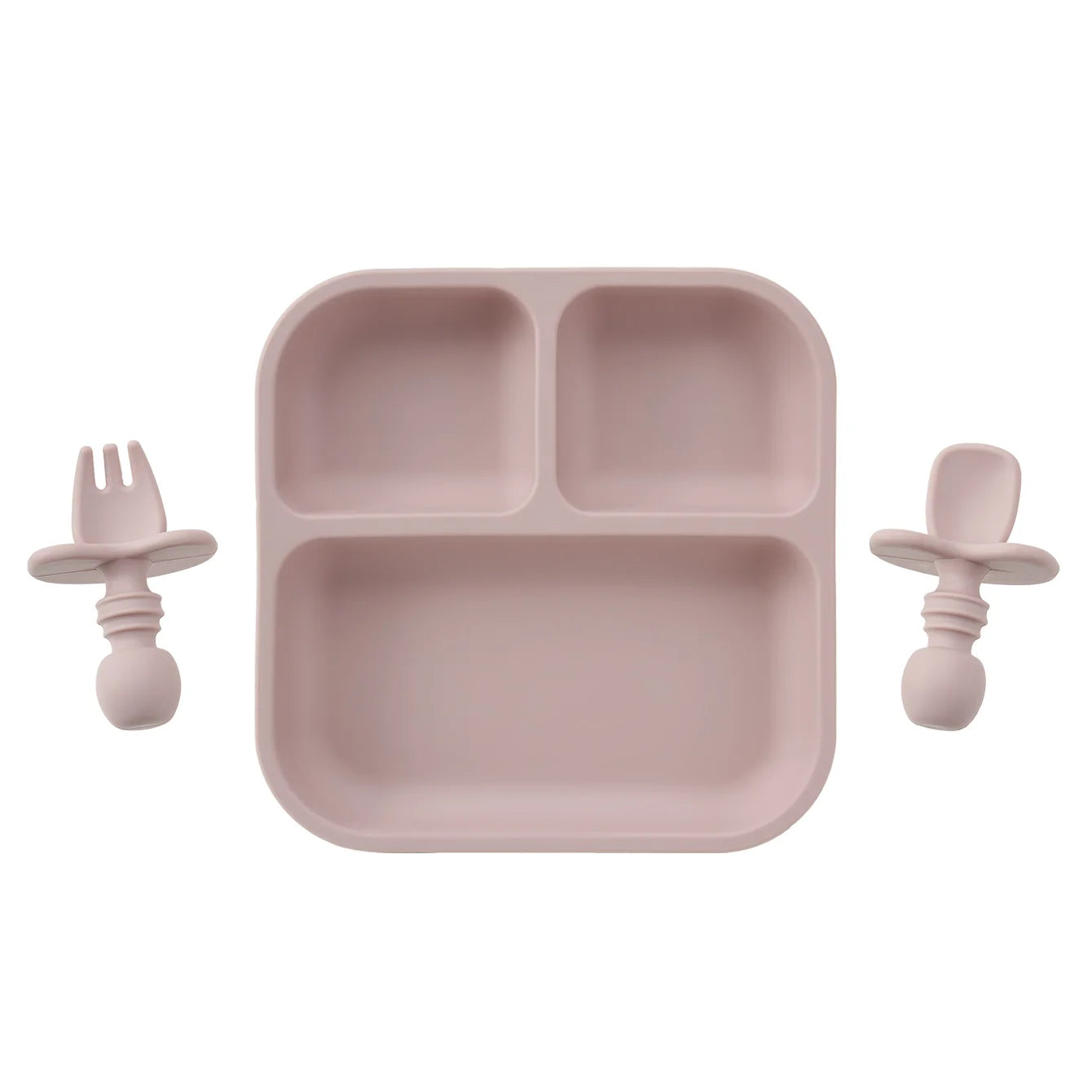 Square silicone suction plate set with spoon and fork in Dusty Lilac