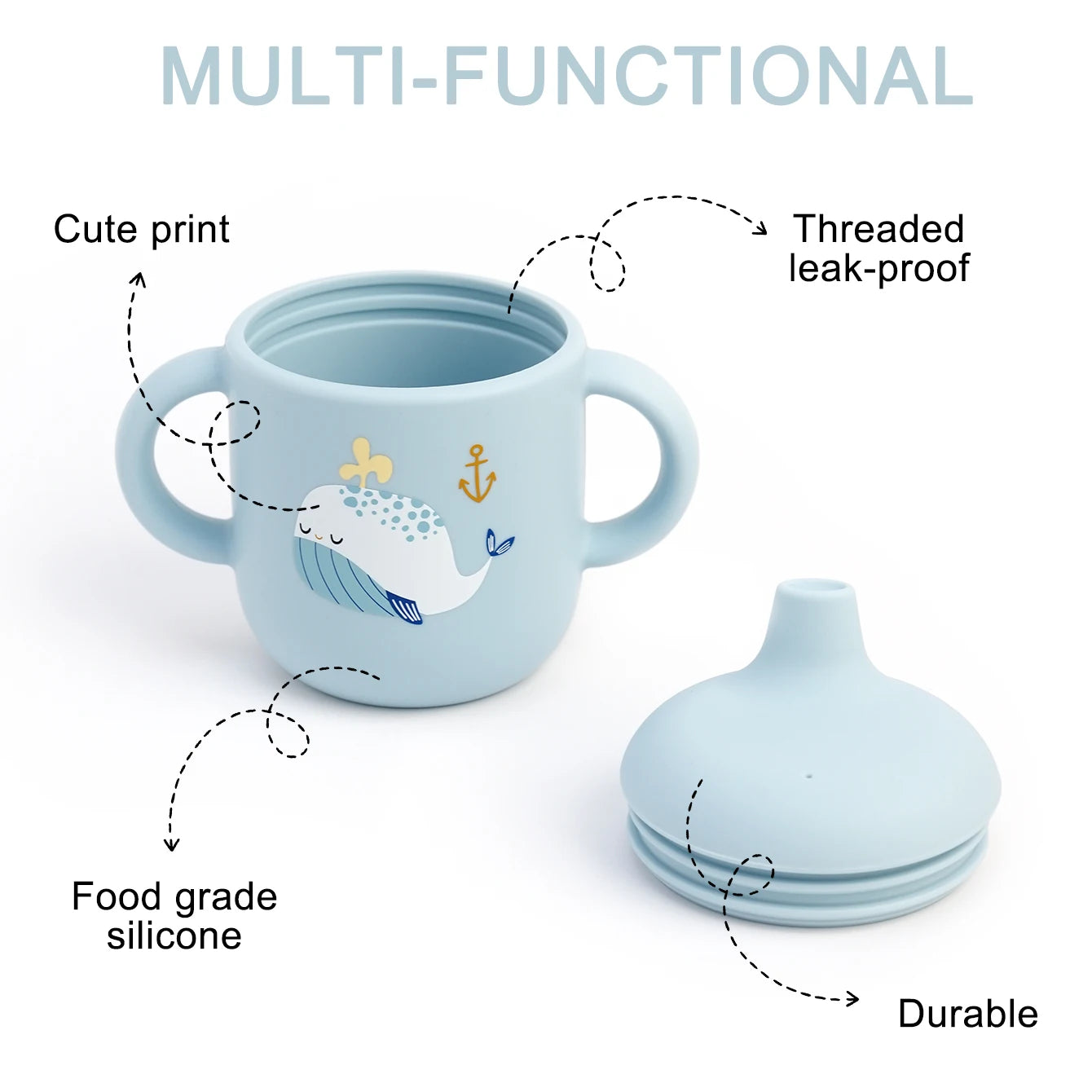 Sippy cup features: threaded leak-resistant lid and food grade silicone