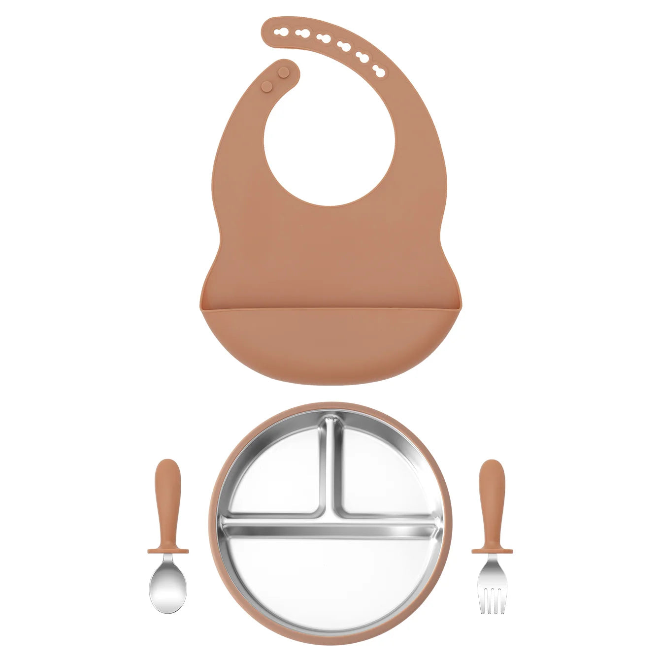 4-Piece Stainless Steel Silicone Feeding Set with Divided Plate and Bib