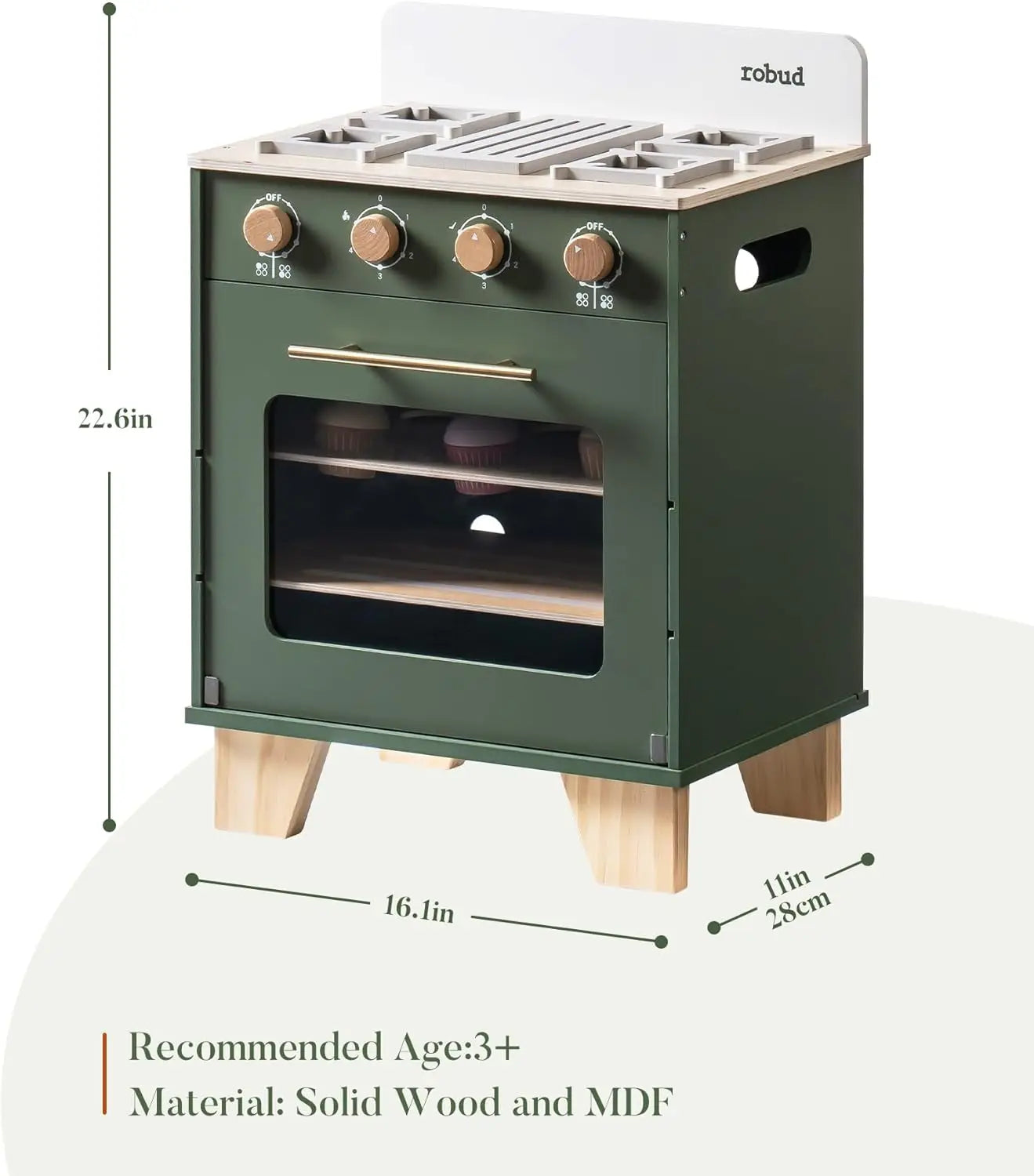 Children's play kitchen set with oven and stove, featuring dimensions and material information.