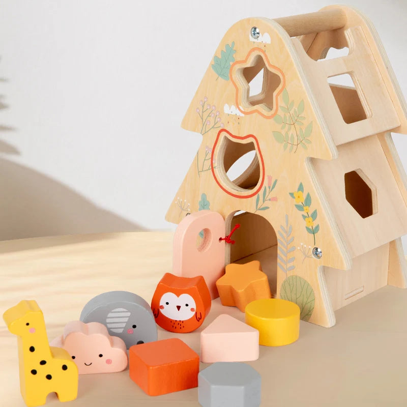 Wooden Treehouse Shape Sorter | Montessori Animal Blocks Toy