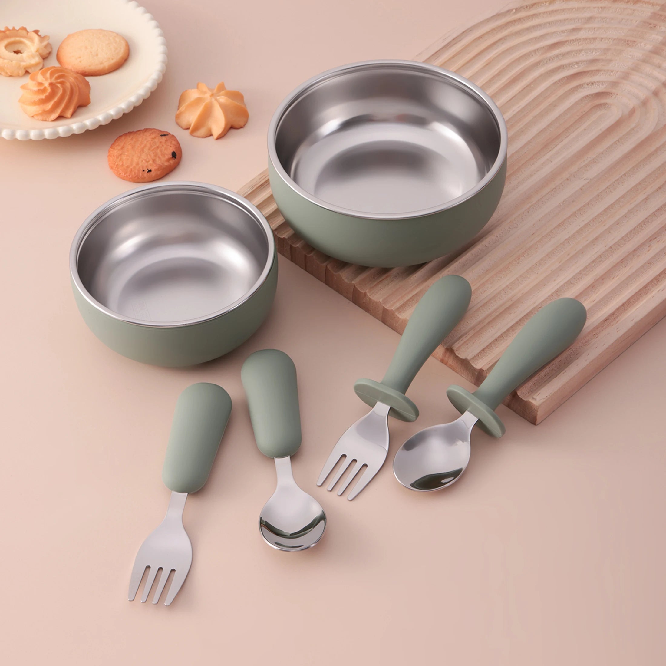 4-Piece Stainless Steel Silicone Suction Bowl and Utensil Set | Oliver & Company Montessori Toys