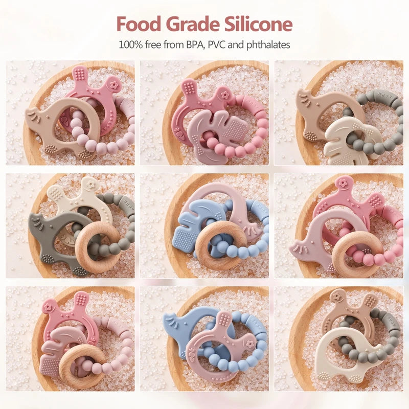 Collage of baby teething toys made of food-grade silicone on a textured surface.