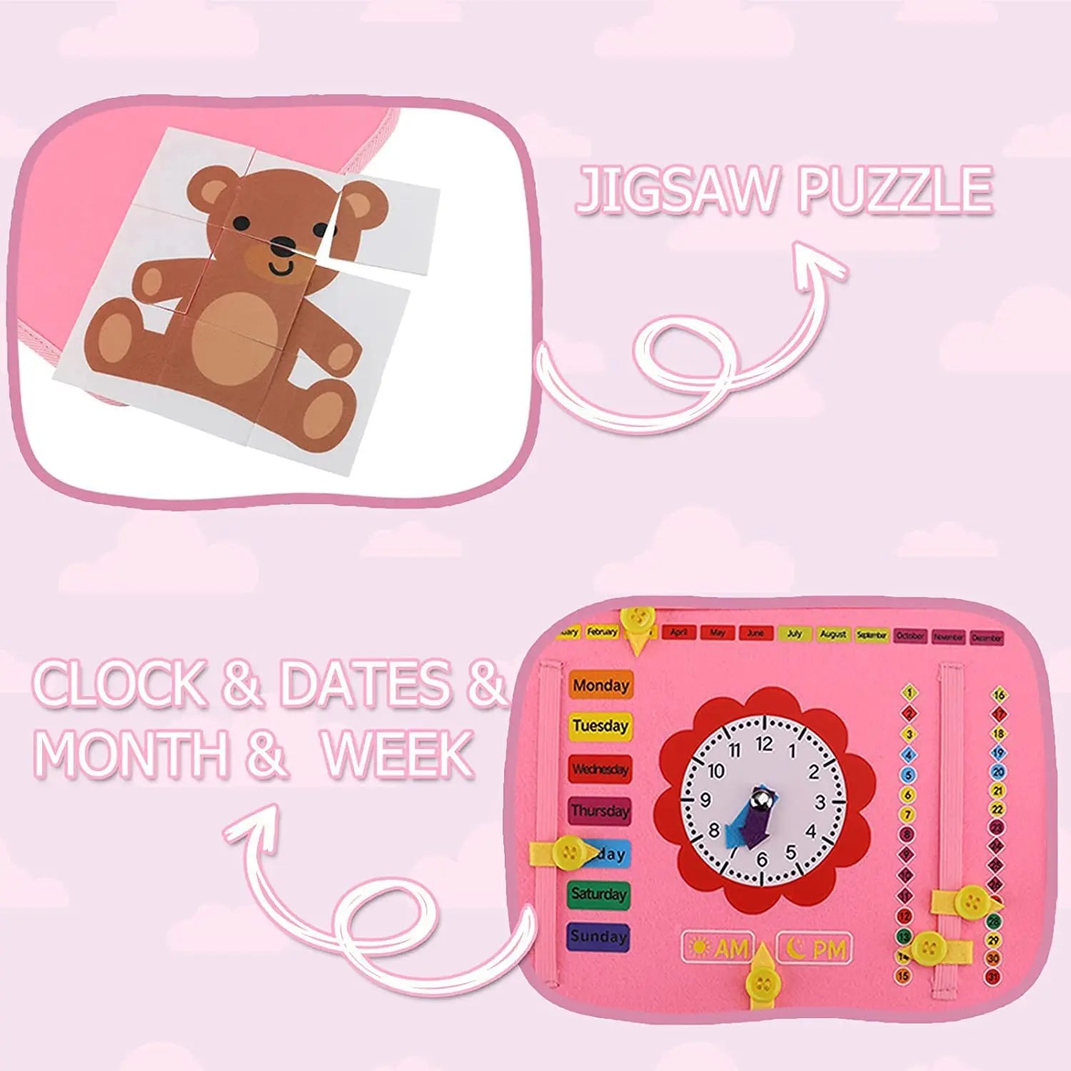 Pink educational toy with clock and dates display on a pink background