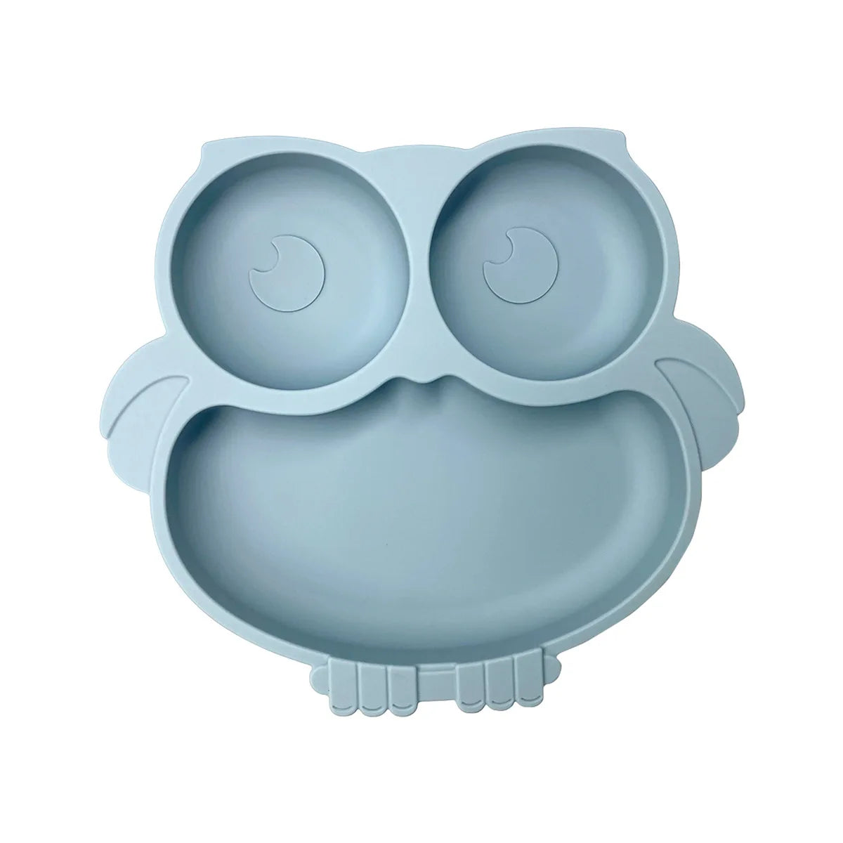 Blue owl-shaped silicone plate on a white background
