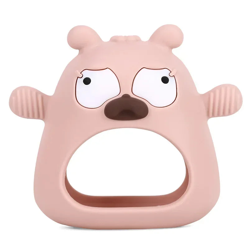 Pink cartoon bear-shaped teething ring on a white background