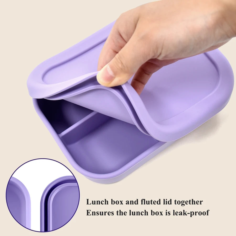 Lavender bento lid pressing into the rim groove