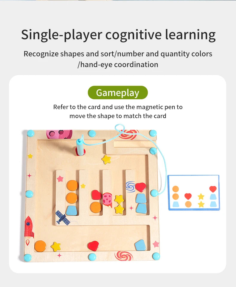 Wooden educational toy with colorful shapes and magnetic pen on a white background Shape Maze – Magnetic Sorting Board | Oliver Montessori Toys