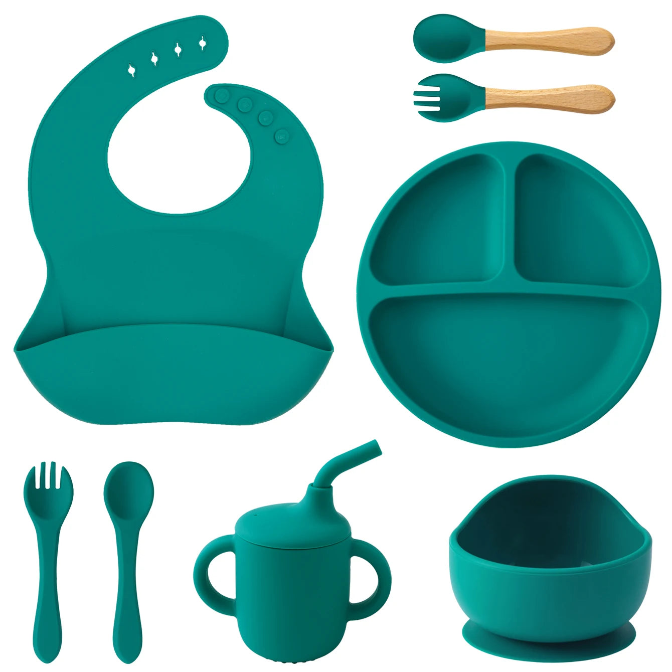 Teal 8-piece silicone feeding set