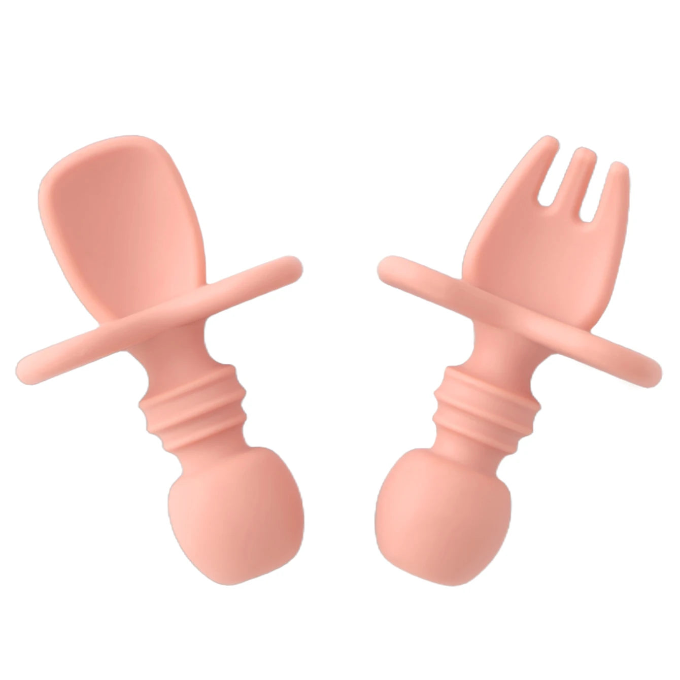 Muted coral silicone spoon and fork with choke guard