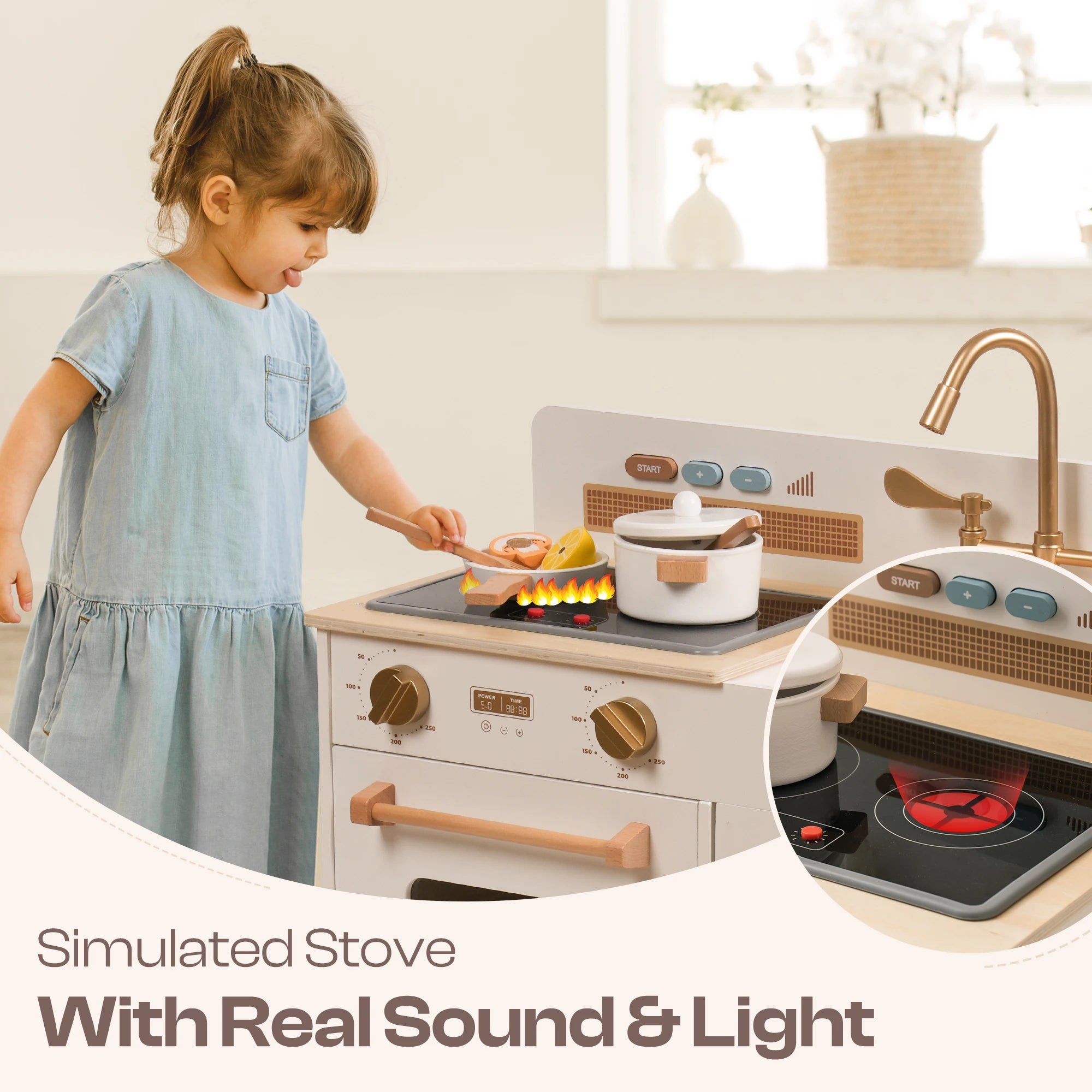 Montessori Wooden Play Kitchen with Lights & Sounds - Blue or White