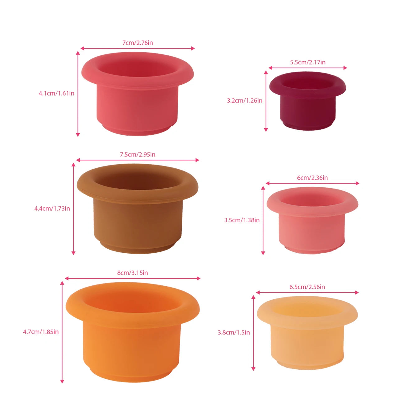 Silicone stacking cups shown in graduated sizes