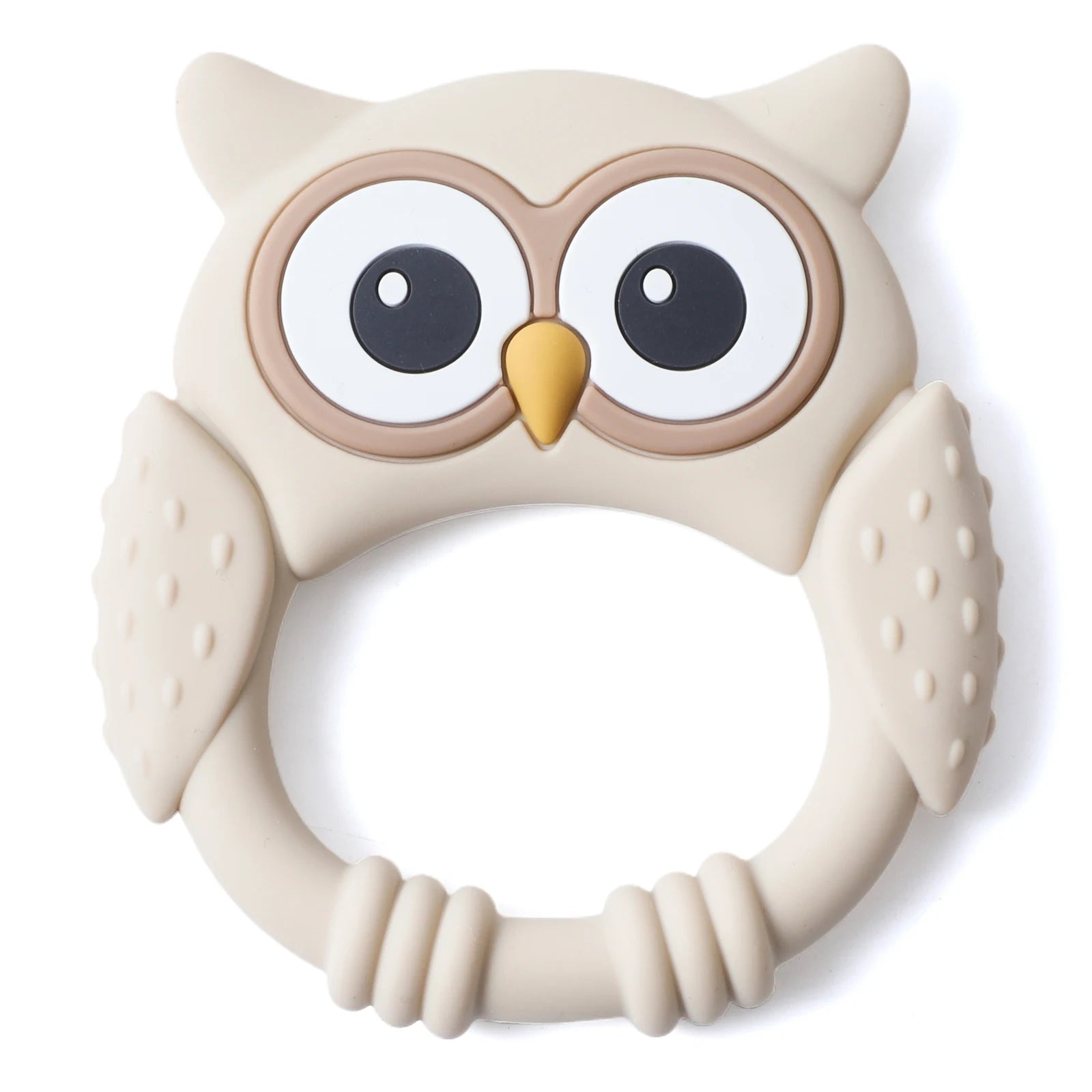 Owl-shaped teething ring on a white background